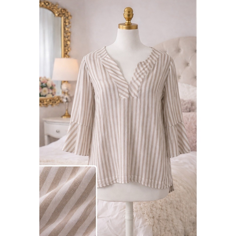 Chico's Popover Top Blouse Size 3 US XL Beige Poplin Striped Bell Sleeves V-Neck